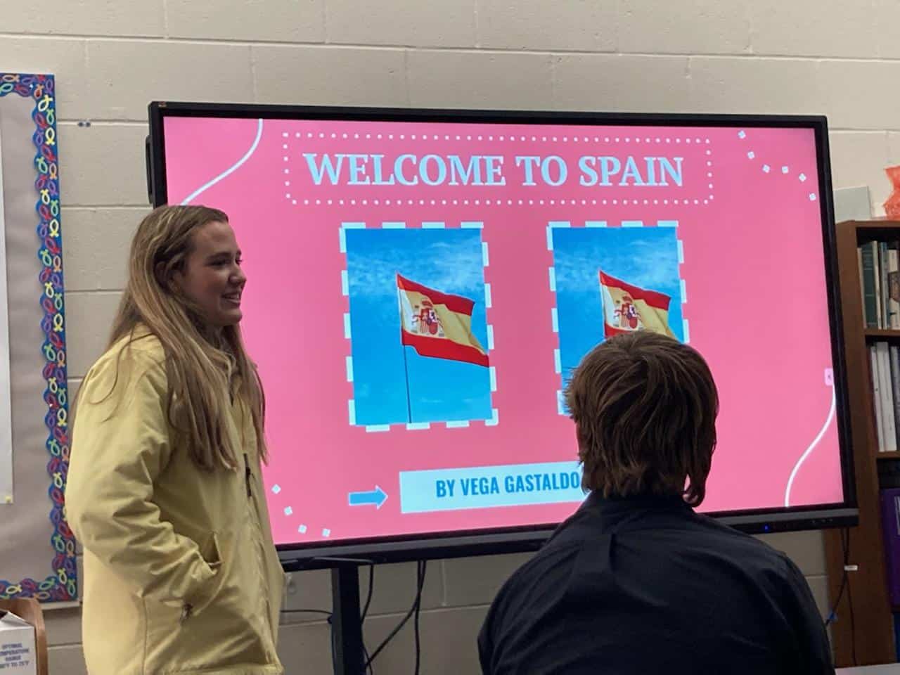 SCA International Student from Spain, Vega Gastaldo, gives a presentation during International Education Week. Vega presented in many Spanish classes, allowing students to learn more about Spanish culture and practice their language skills by asking questions in Spanish.