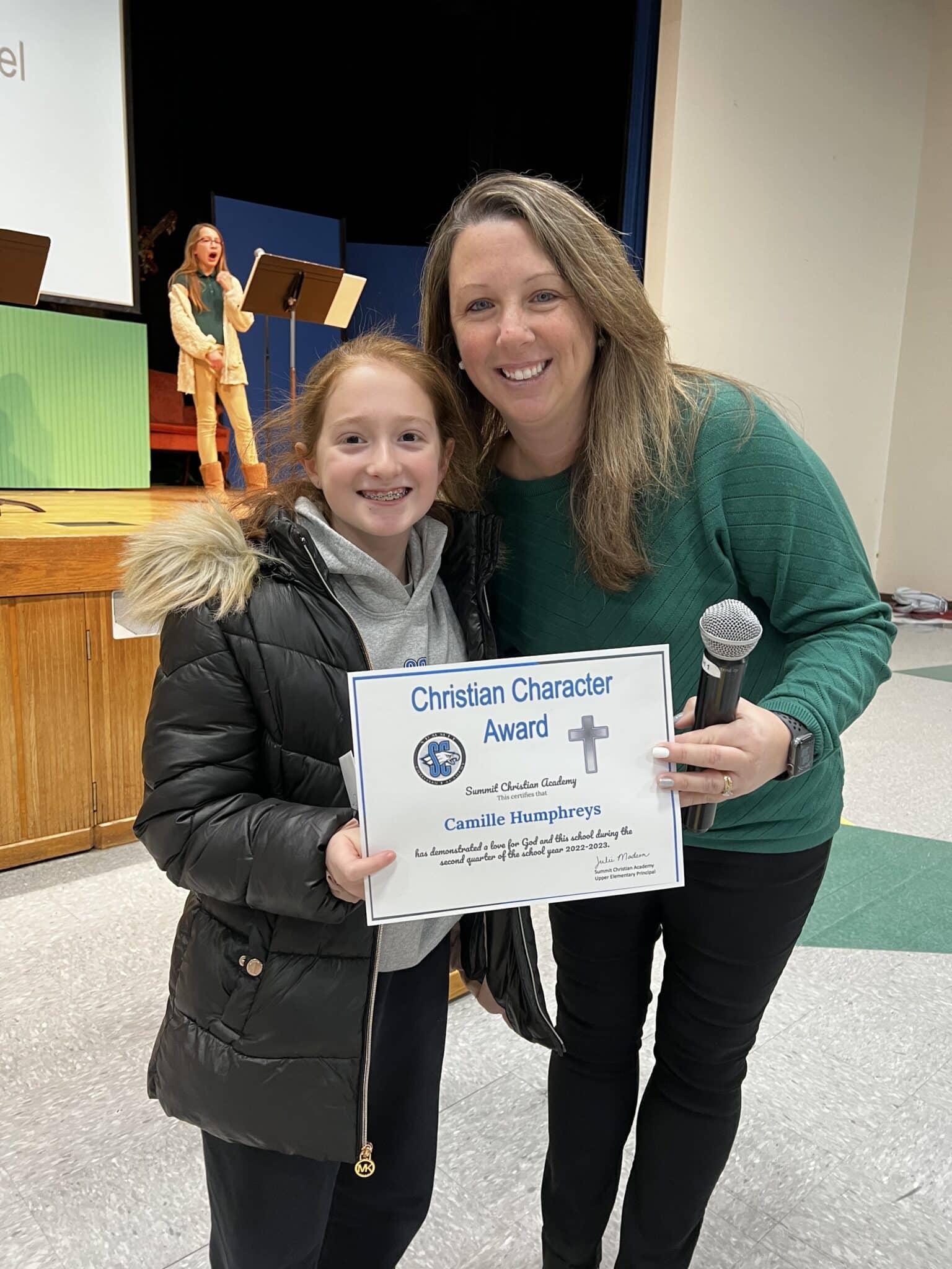 SCA sixth grade student Camille Humphreys, pictured with Upper Elementary Principal Julie Madsen, received the Elementary Christian Character Award for the second quarter.