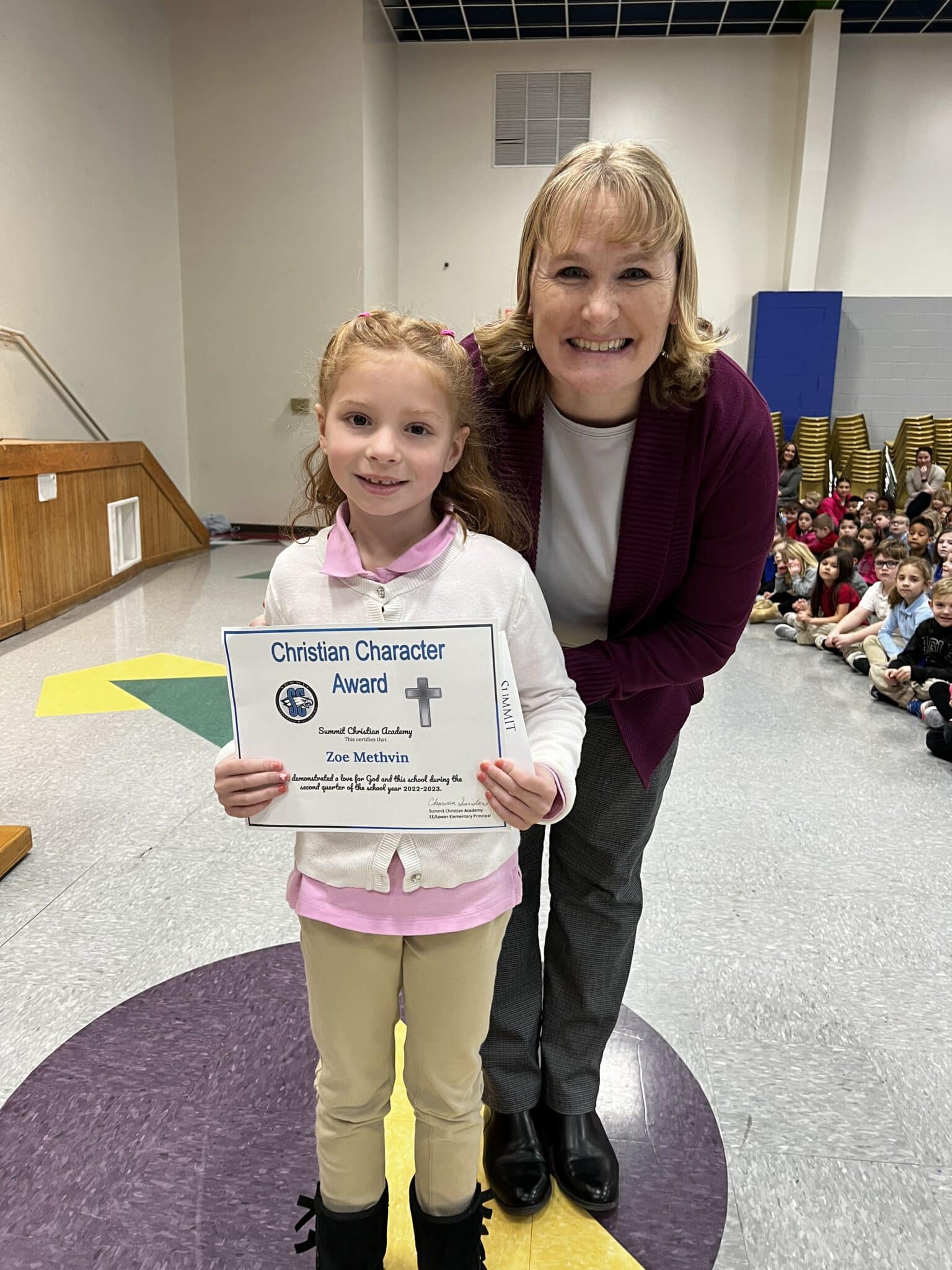 SCA second grade student Zoe Methvin, pictured with Lower Elementary Principal Charissa Sanders, received the Elementary Christian Character Award for the second quarter.
