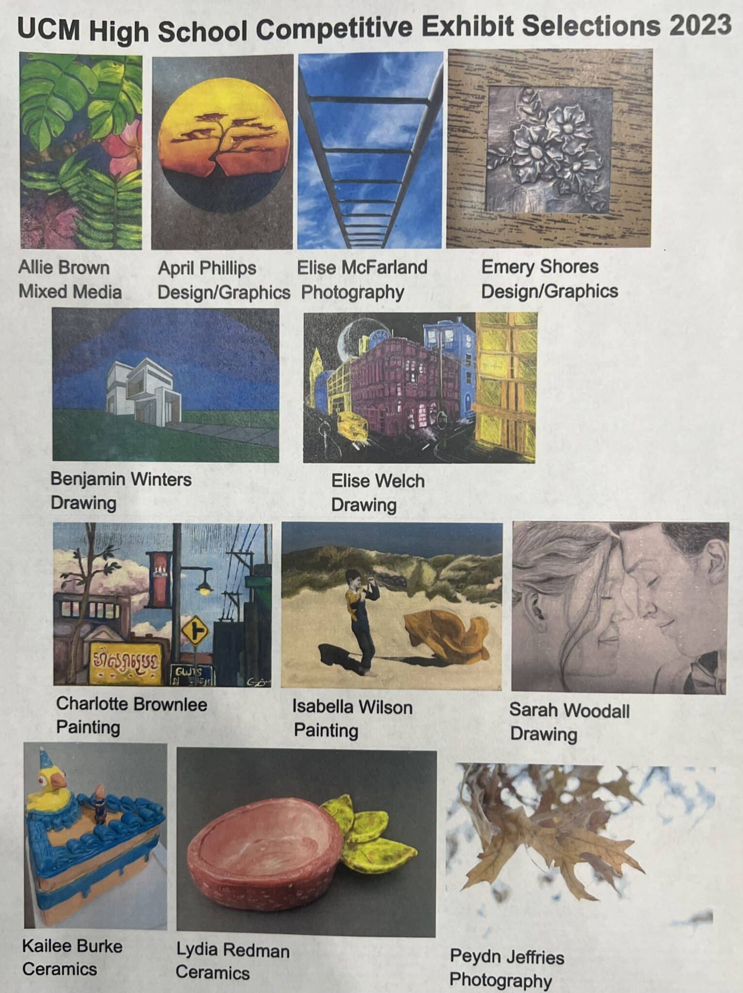 Artwork from twelve SCA high school students was selected for inclusion at the 2023 UCM High School Competitive Art Exhibition.