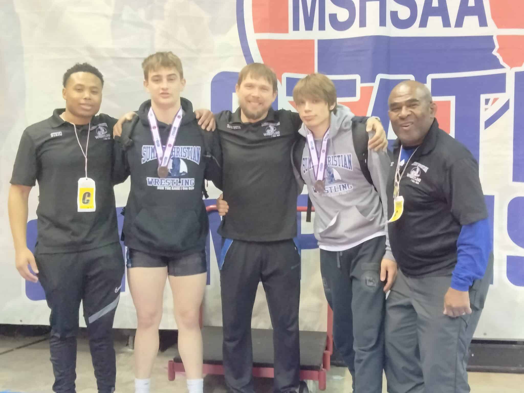 Photo Caption: SCA Wrestling sends three athletes to state with two earning All-State honors. Pictured L-R Assistant Coach Stephan Gordon, 175lb 4th place medalist John Newton, Assistant Coach Andrew Smith, 157lb 2nd place medalist Jeramiah Smith, and Varsity Head Coach Greg Thomas