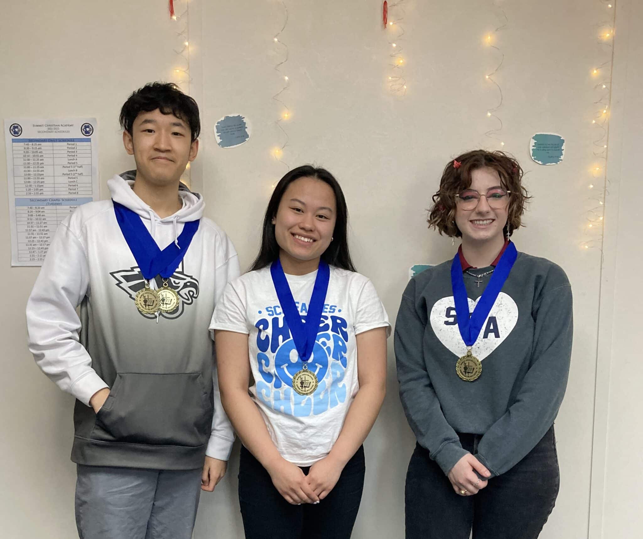 SCA juniors Tony Bu, Elissa Hesman, and Anna Hammond recently competed in the calculus portion of the Blue Ridge Midwest Festival math competition, where they took first place in team competition. Tony Bu also took 1st place in the individual competition.