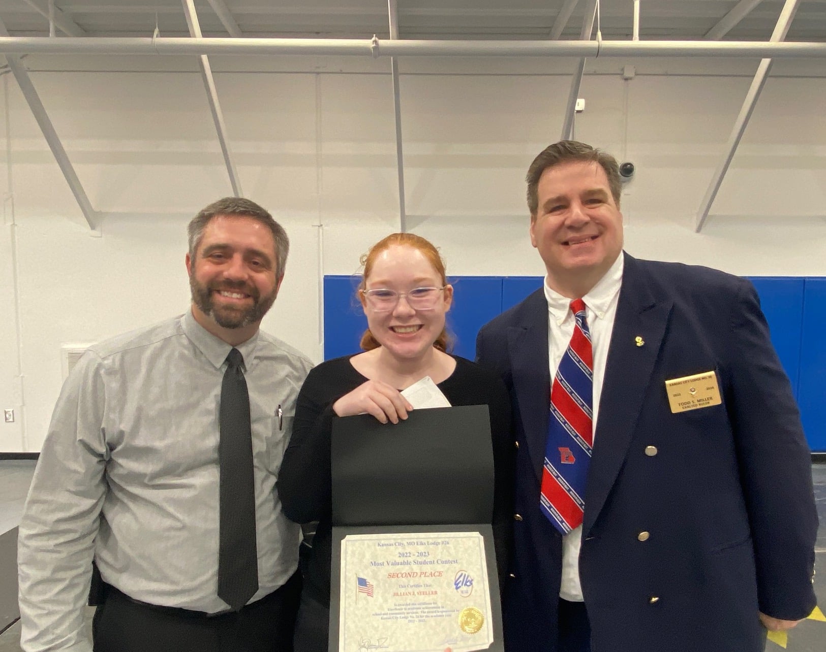 SCA senior Jillian Steller, pictured with SCA Assistant Secondary Principal Anthony Mickelson and Todd Miller from Elks Lodge, was the second place recipient of the Elks Lodge #26 Most Valuable Student Contest and Scholarship.