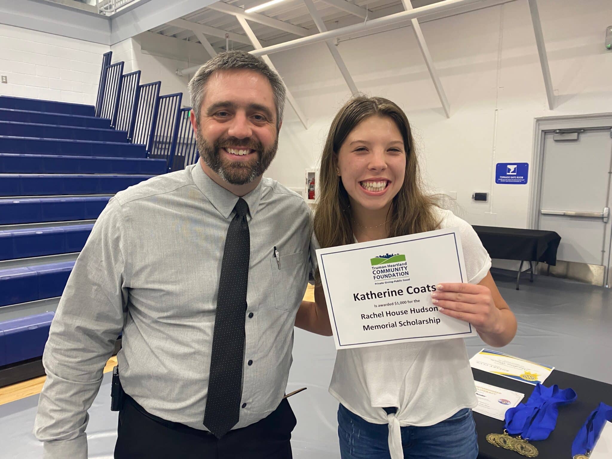 SCA Senior Katie Coats (right) pictured with SCA Secondary Assistant Principal Anthony Mickelson. Katie is the recipient of the Rachel House Hudson Memorial Scholarship through the Truman Heartland Foundation.