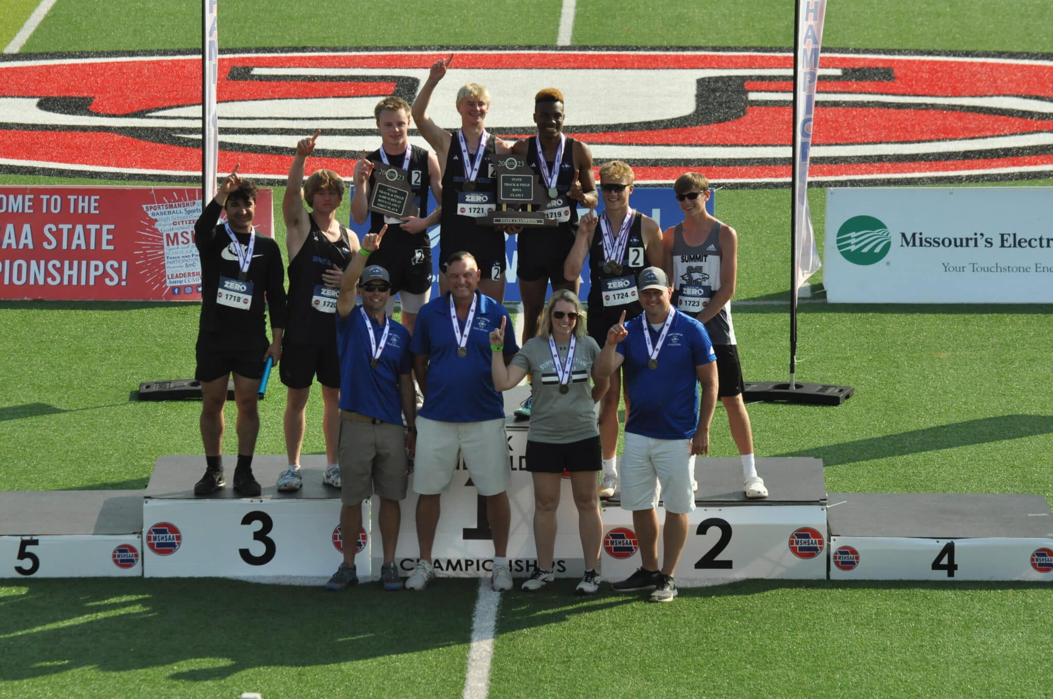 Summit Christian Academy Boys Track and Field placed 1st in the Class 2 State Meet. The team consisted of, (back row, L-R), alternate Preston Goffinet, alternate Julean McGregor, Jake Sutton, Drew Pierce, Marcus Jones, Marcus Verbrugge, and alternate Carter Tripp. The coaching staff included (front row, L-R) Kyle Miller, Dan Phillips, Becky Wiseman, varsity head coach Rick McGregor, Jimmy Woodall (not pictured) and Cade Zucca (not pictured).