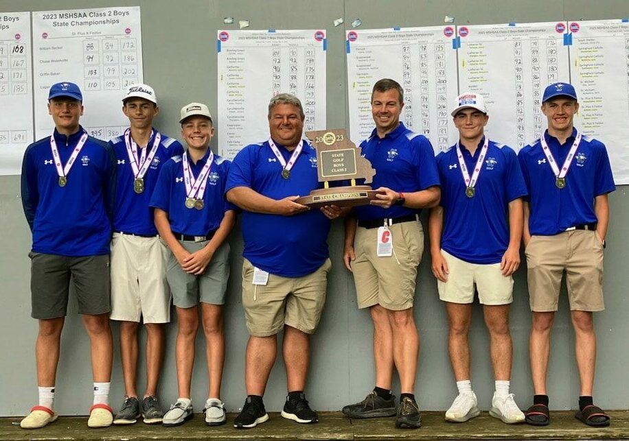 Summit Christian Academy Boys Golf team placed 1st in the Class 2 State Tournament, with individual champion freshman Peyton Smith leading the team at two under par. Pictured left to right: Tristan Aitkens, Peyton Smith, Ben Wheeler, Coach Gary Breshears, Assistant Coach Roger Breshears, Memphis Hinton, and Hayden Perry.