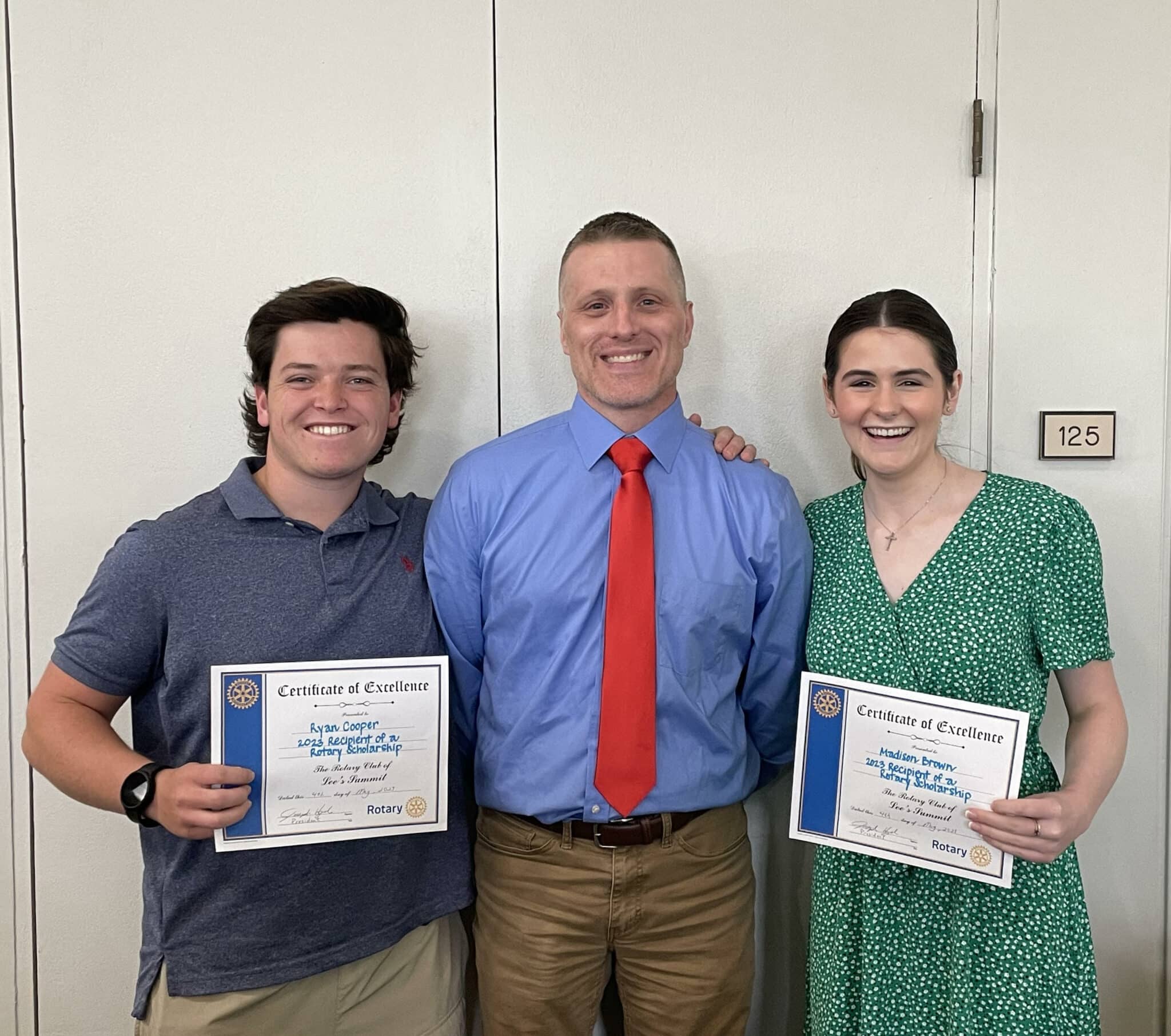 SCA Seniors Ryan Cooper (left) and Madison Brown (right), pictured with SCA College and Career Advisor Shaun Pfannenstiel, are the recipients of two Rotary Club of Lee’s Summit Scholarships.