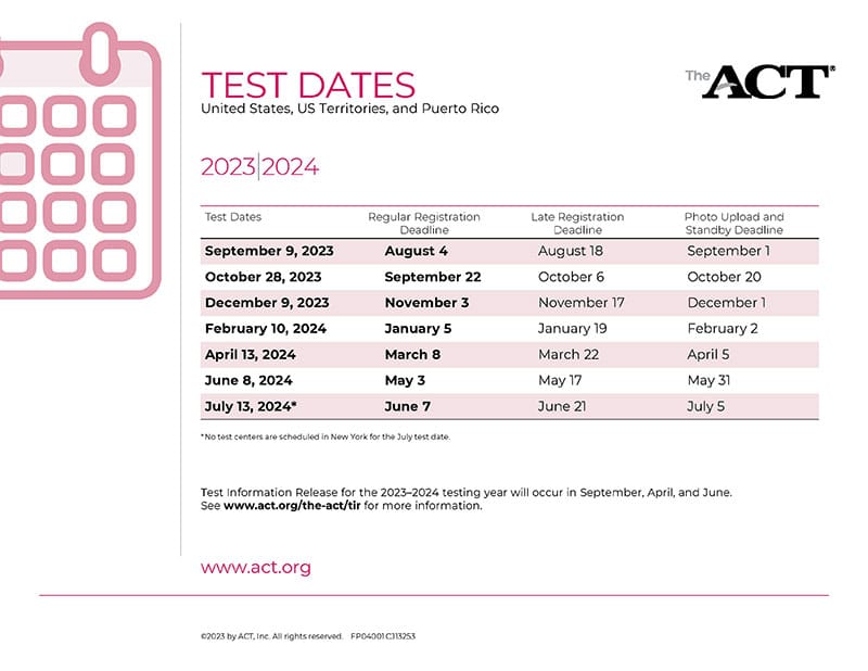 2023-24 ACT Test Dates