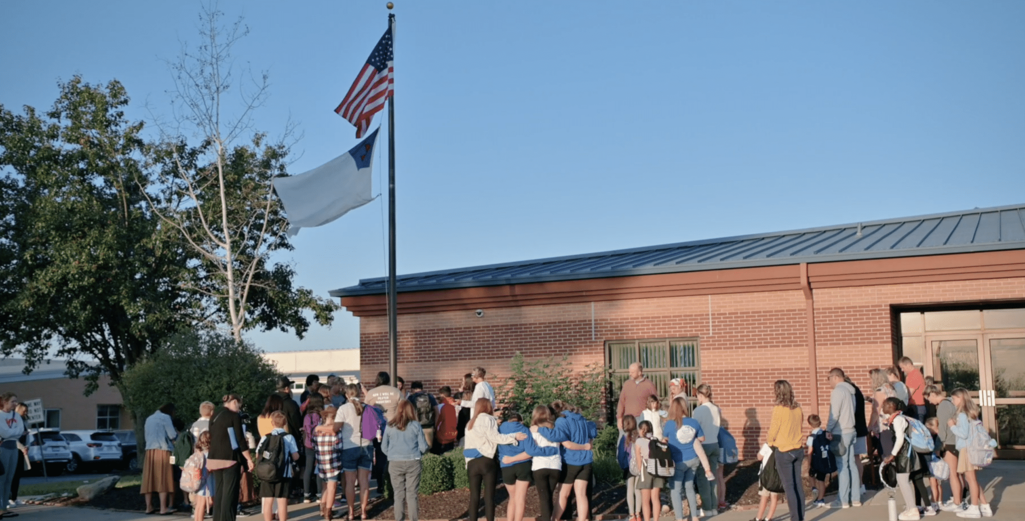 SCA students, teachers, and families met at both SCA Flag Poles to pray for the nationwide See You at the Pole. Pictured here are SCA Elementary families and students who met at the flagpole to unite in prayer over the students, school, and nation during 2023’s See You at the Pole event.