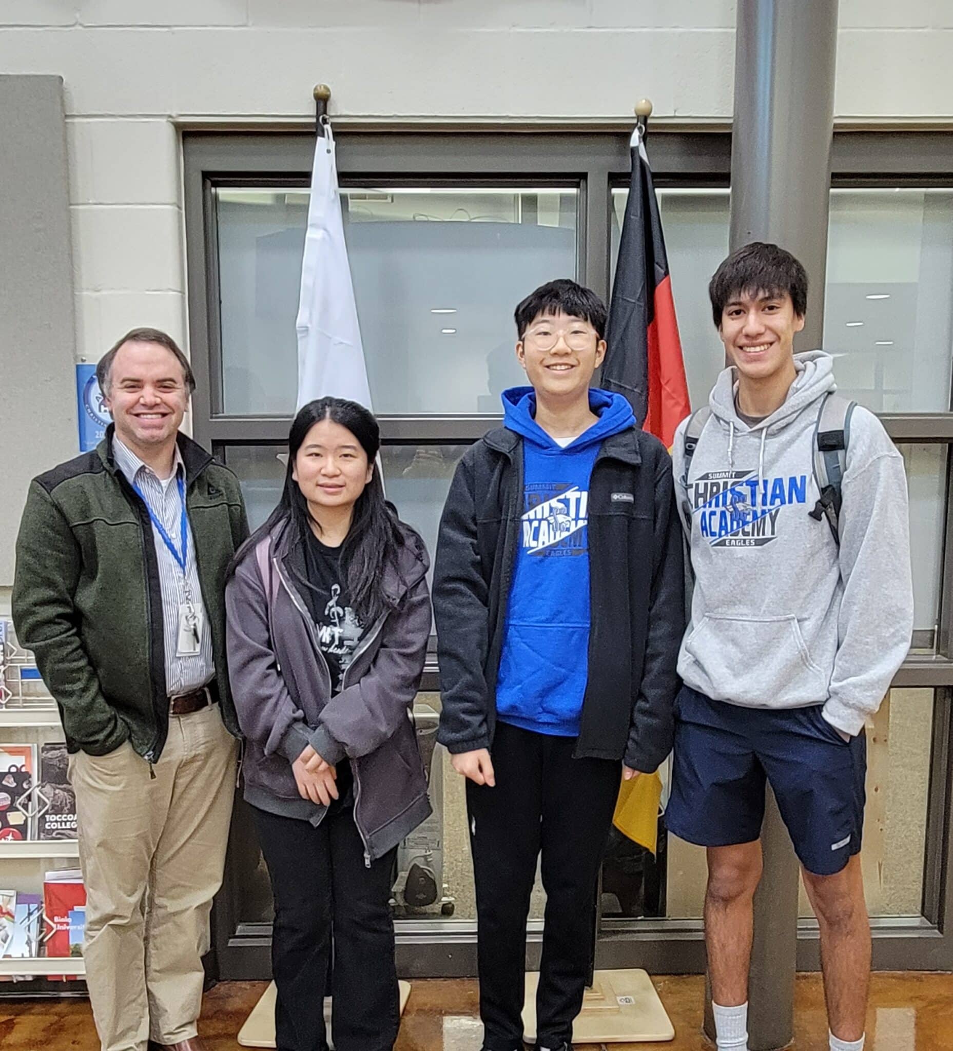 SCA International Education Week included a focus on prayer around the world! From left to right, SCA International Director Rocco DeFelice, Emma Bao (Chinese), John An (Korean), and David Beltran (Spanish) prayed for Secondary announcements each morning. Not pictured, Odeyla Kina (Arabic) and Carmen Mullis (Romanian) also led students in prayer.