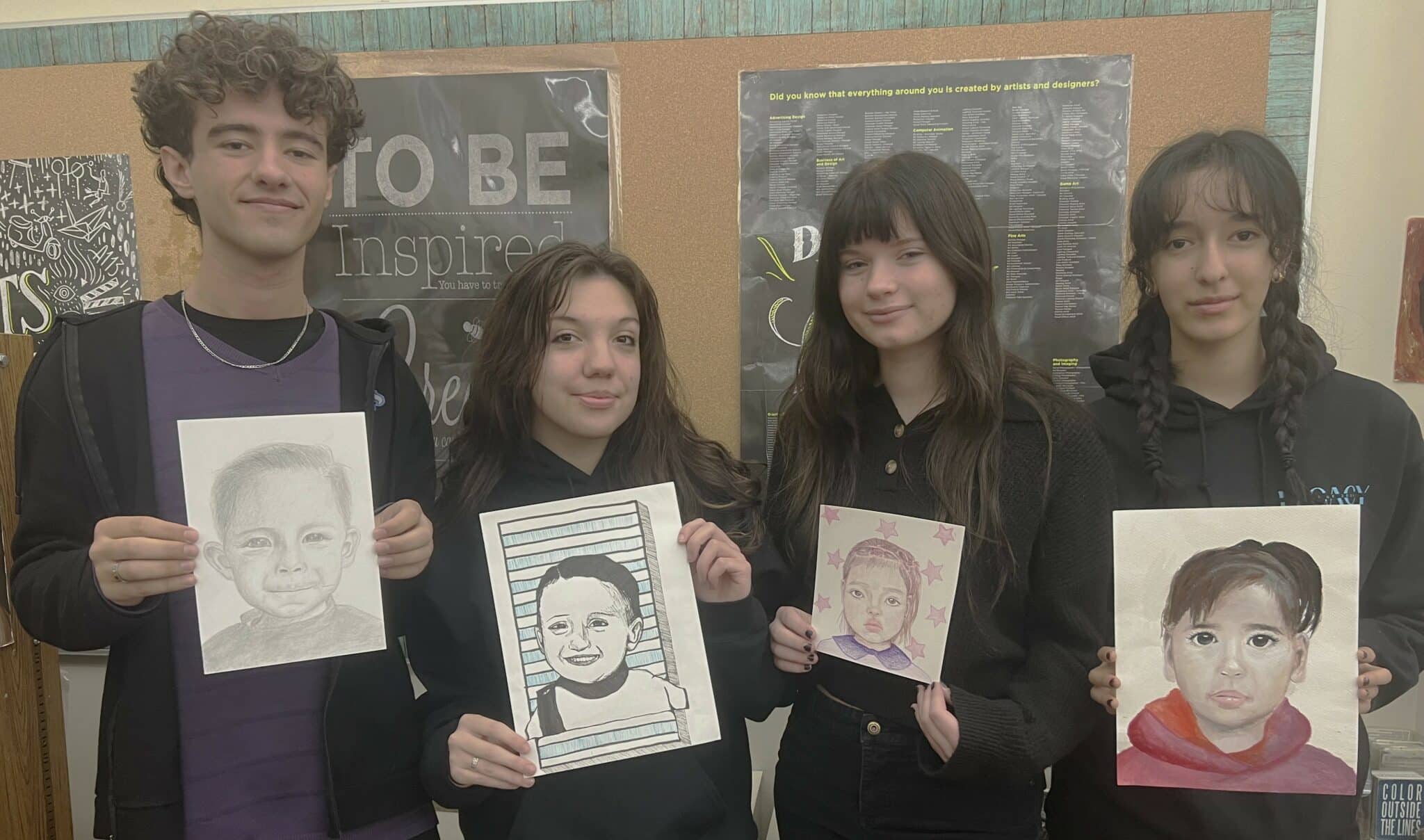 SCA junior Tristen Hamline, and seniors Charlotte Brownlee, Isabella Wilson, and Sarina Manjili partnered with the Memory Project to create a portrait for young children in Columbia, South America.