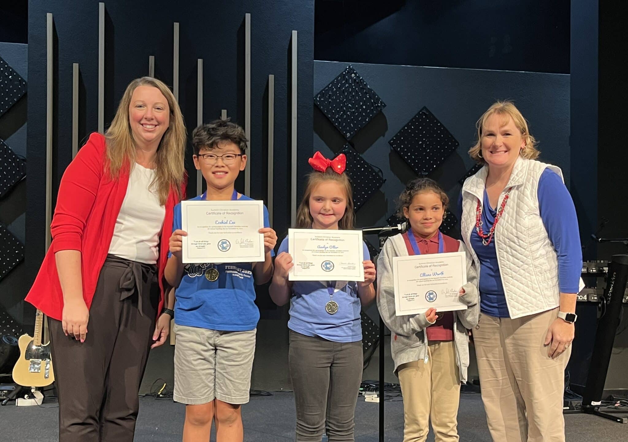 SCA is proud of the hard work and achievement of 45 students who participated in the annual SCA spelling bee. Pictured here (left to right) are SCA Upper Elementary Principal Dr. Julie Madsen, first place winner Ezekiel Lee, second place winner Aevlyn Oller, third place winner Elliana Worth, and SCA Early Education and Lower Elementary Principal Charissa Sanders.