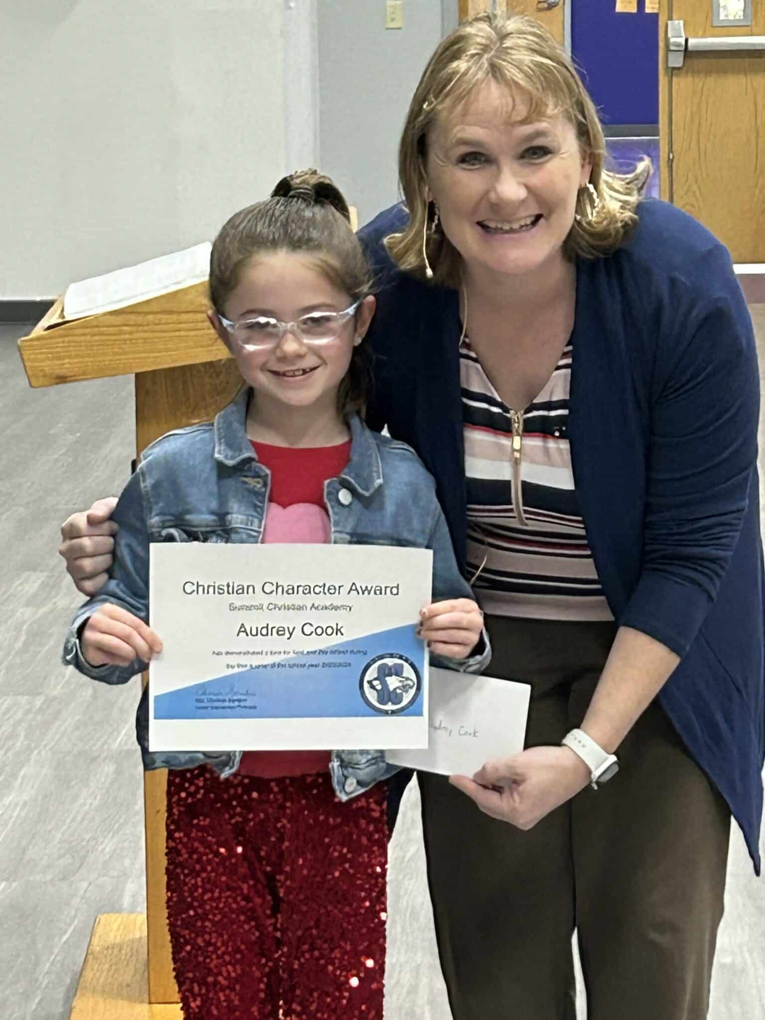 SCA first grade student Audrey Cook, pictured with Early Education & Lower Elementary Principal Charissa Sanders, received the Lower Elementary Christian Character Award for the second quarter.