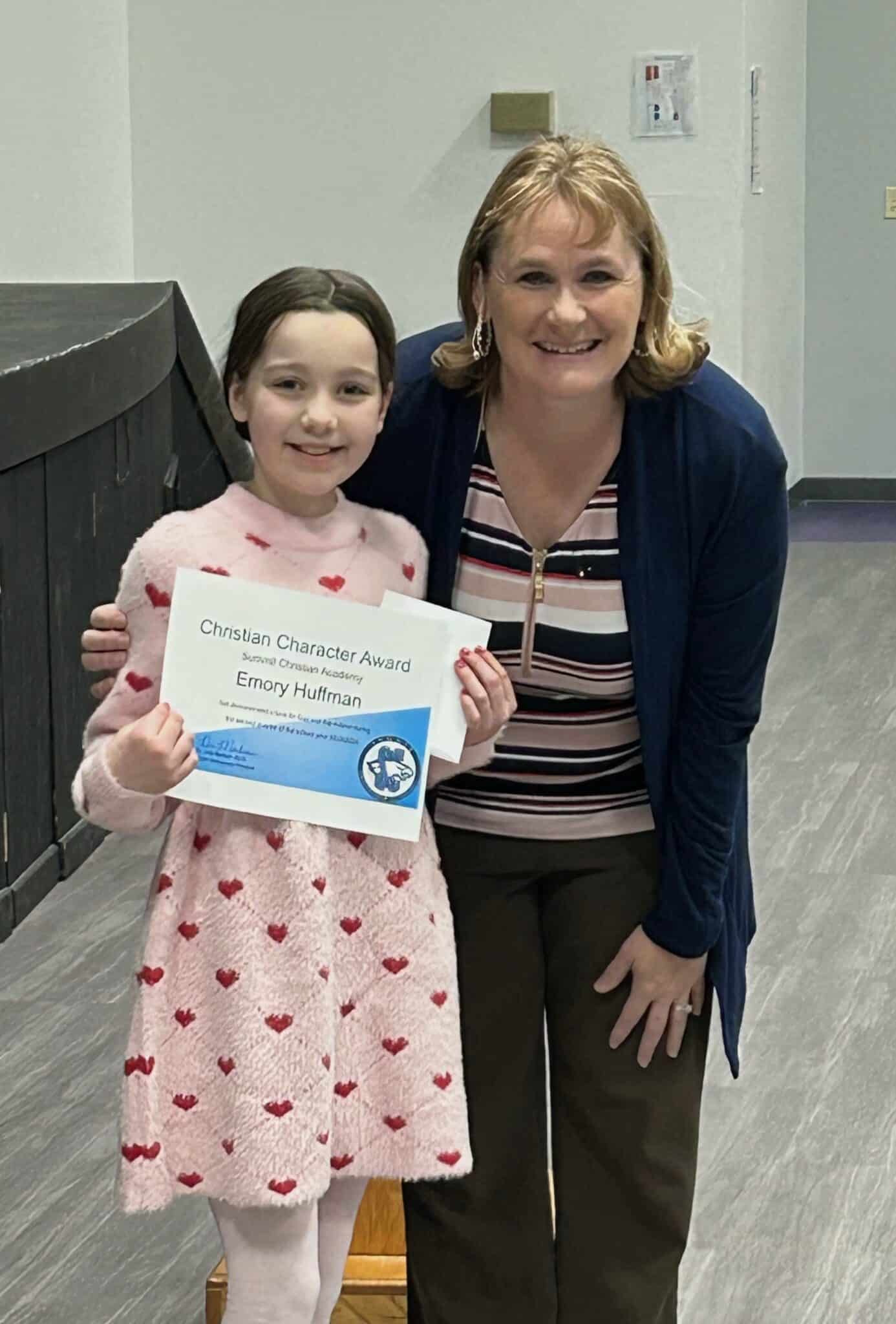 SCA fourth grade student Emory Huffman, pictured with Early Education & Lower Elementary Principal Charissa Sanders, received the Upper Elementary Christian Character Award for the second quarter.
