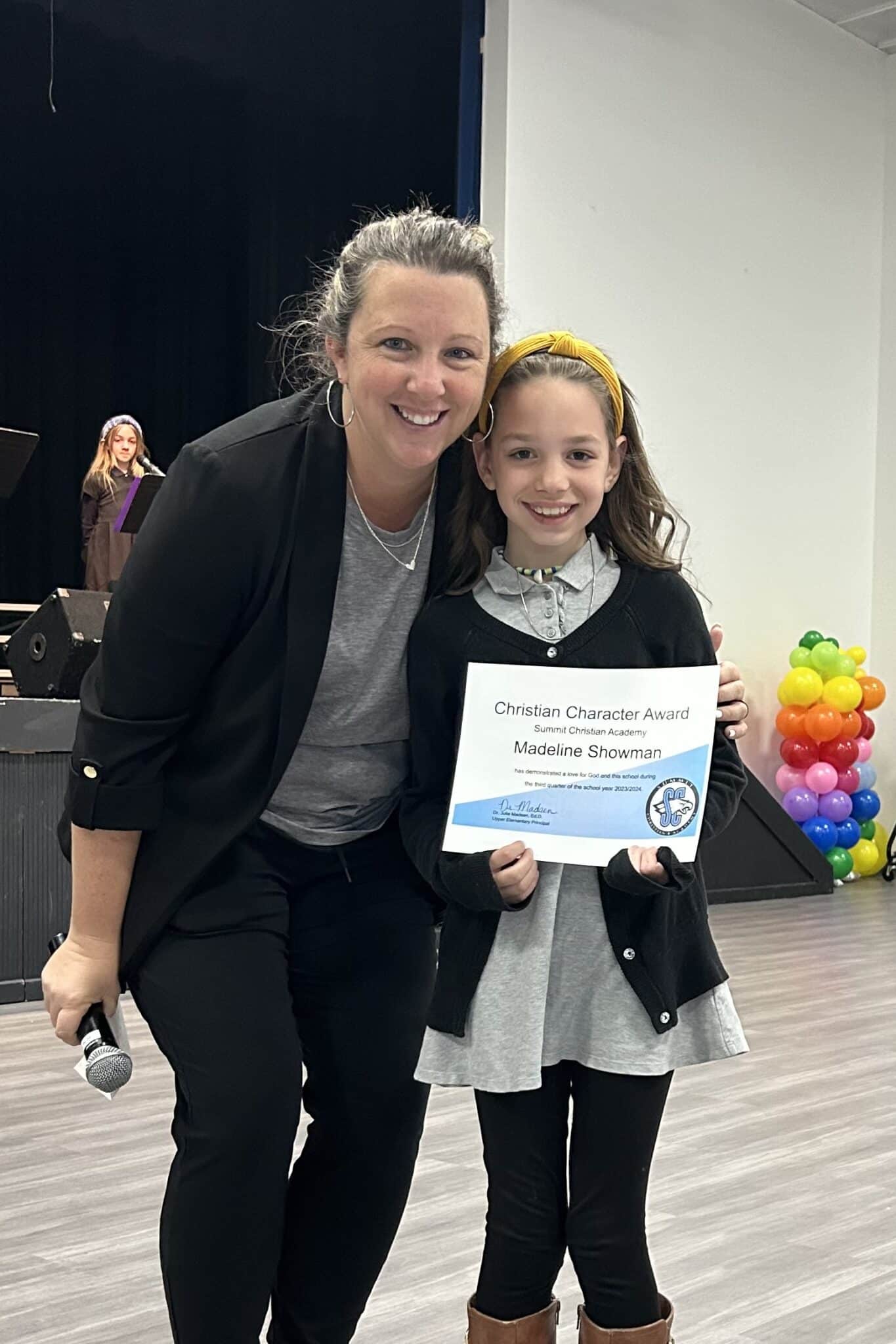SCA third grade student Maddie Showman, pictured with Upper Elementary Principal Dr. Julie Madsen, received the Upper Elementary Christian Character Award for the third quarter.