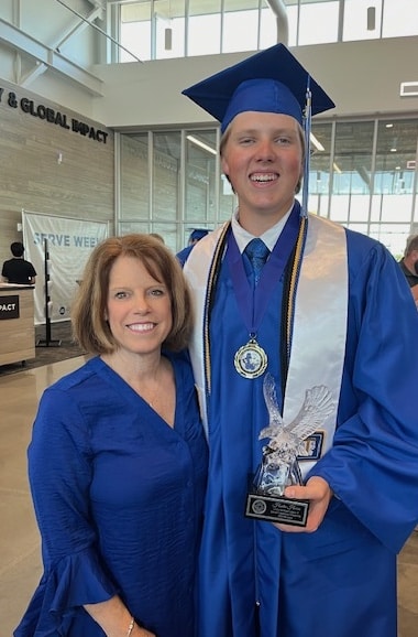 SCA Class of 2024 Linda Harrelson Scholarship recipient Hunter Harris is pictured with previous SCA Head of School Linda Harrelson, for whom the scholarship was named. Hunter plans to attend the University of the Nations and study Biblical Studies and Medicine.