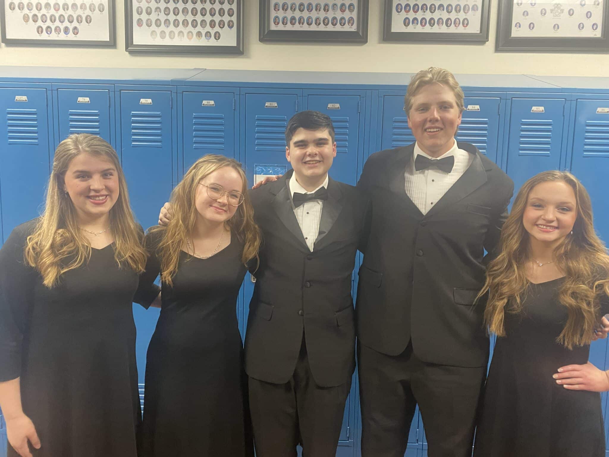 Juniors Emma Coats, Addison Davies and George Hoelzel and seniors Hunter Harris and Hannah Wyssmann all received a gold rating for their vocal solos at the MSHSAA State Music Festival.
