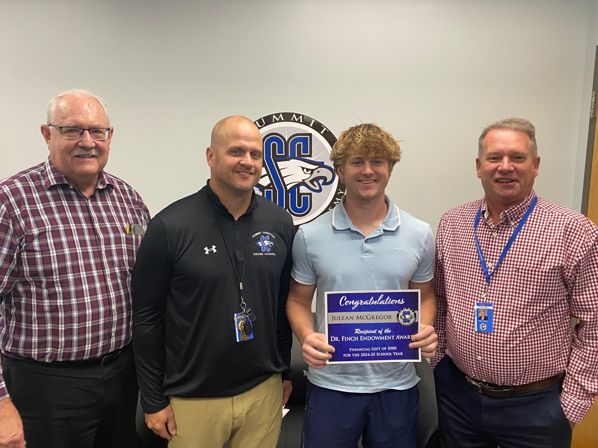 SCA senior Julean McGregor was the recipient of the Dr. Finch Endowment Award. He is pictured here with SCA Director of Access & Affordability Cordell Dick, Dad & SCA School Counselor Rick McGregor, and SCA Head of School Chris Hahn (far right).