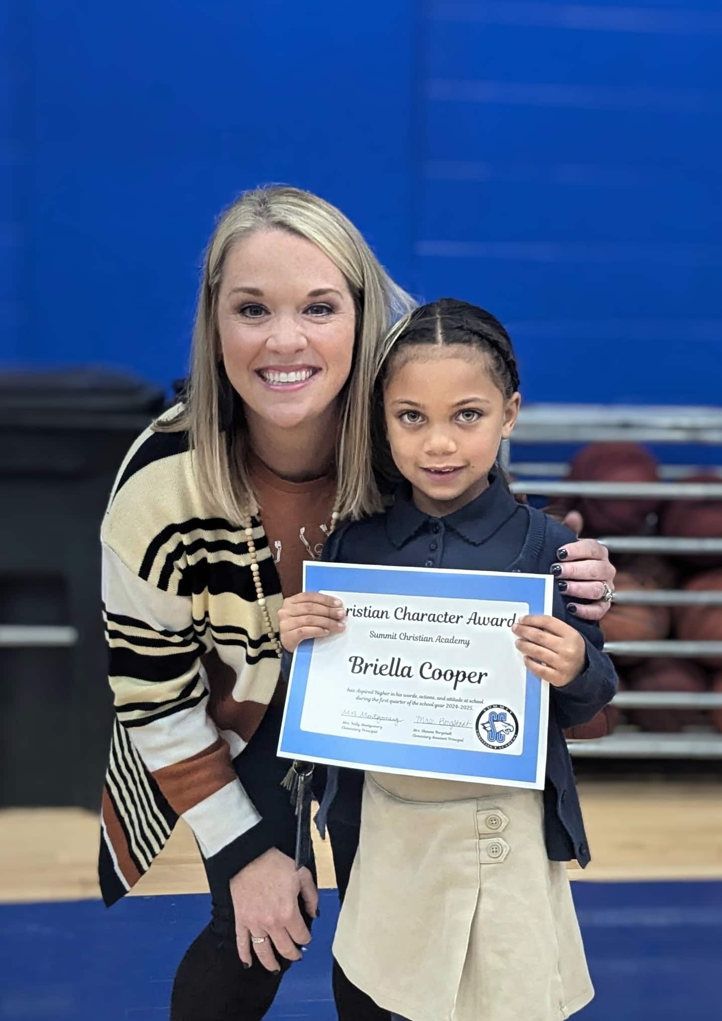 SCA first grade student Briella Cooper, pictured with Elementary Assistant Principal Shauna Borgstadt, received the Lower Elementary Christian Character Award for the first quarter.