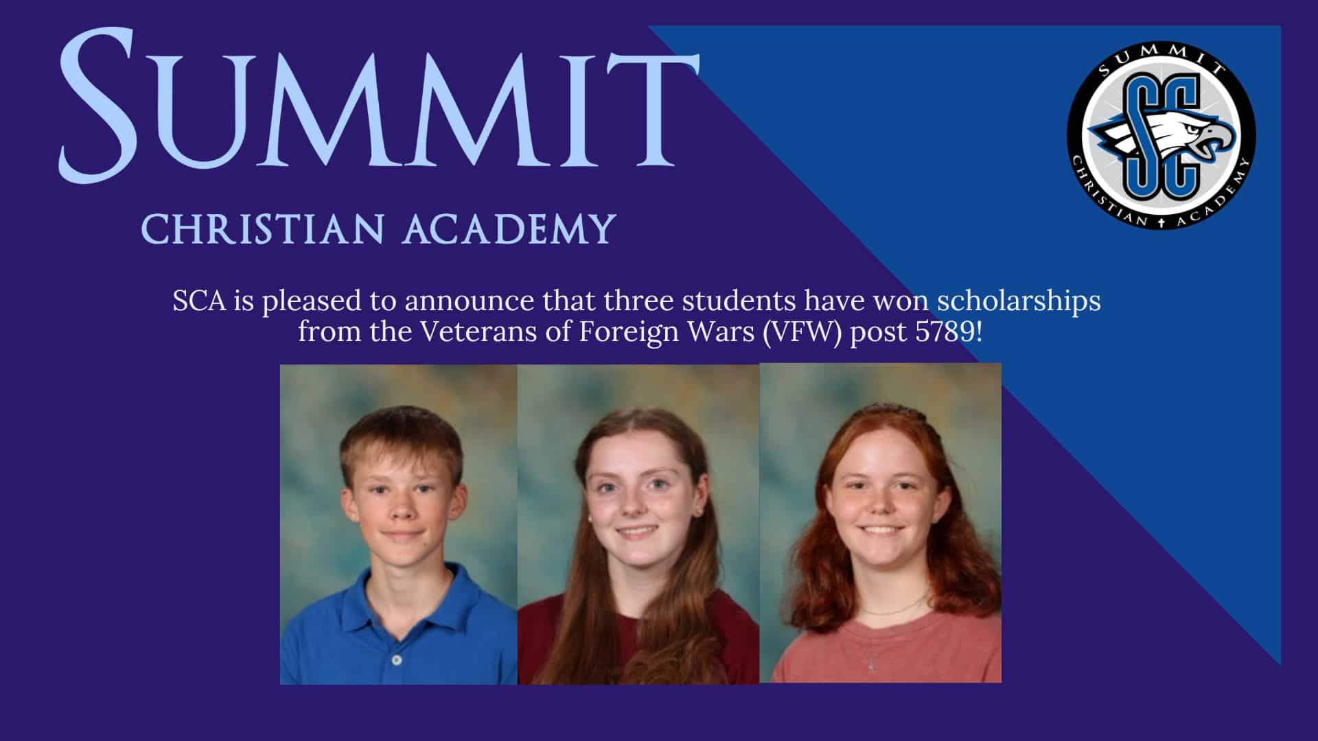 L-R SCA eighth grade student Parker Law won first place in the VFW’s Patriot’s Pen competition, and a scholarship of $250. SCA junior Kate Hagan won first place in the VFW’s Voice of Democracy competition, and a scholarship of $500. SCA junior Kailee Burke won second place in the VFW’s Voice of Democracy competition, and a scholarship of $200.