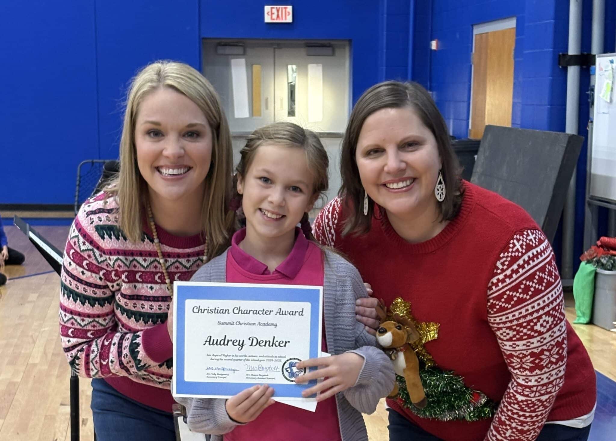 SCA fifth grade student Audrey Denker, pictured with Elementary Assistant Principal Shauna Borgstadt and Elementary Principal Kelly Montgomery, received the Upper Elementary Christian Character Award for the second quarter.