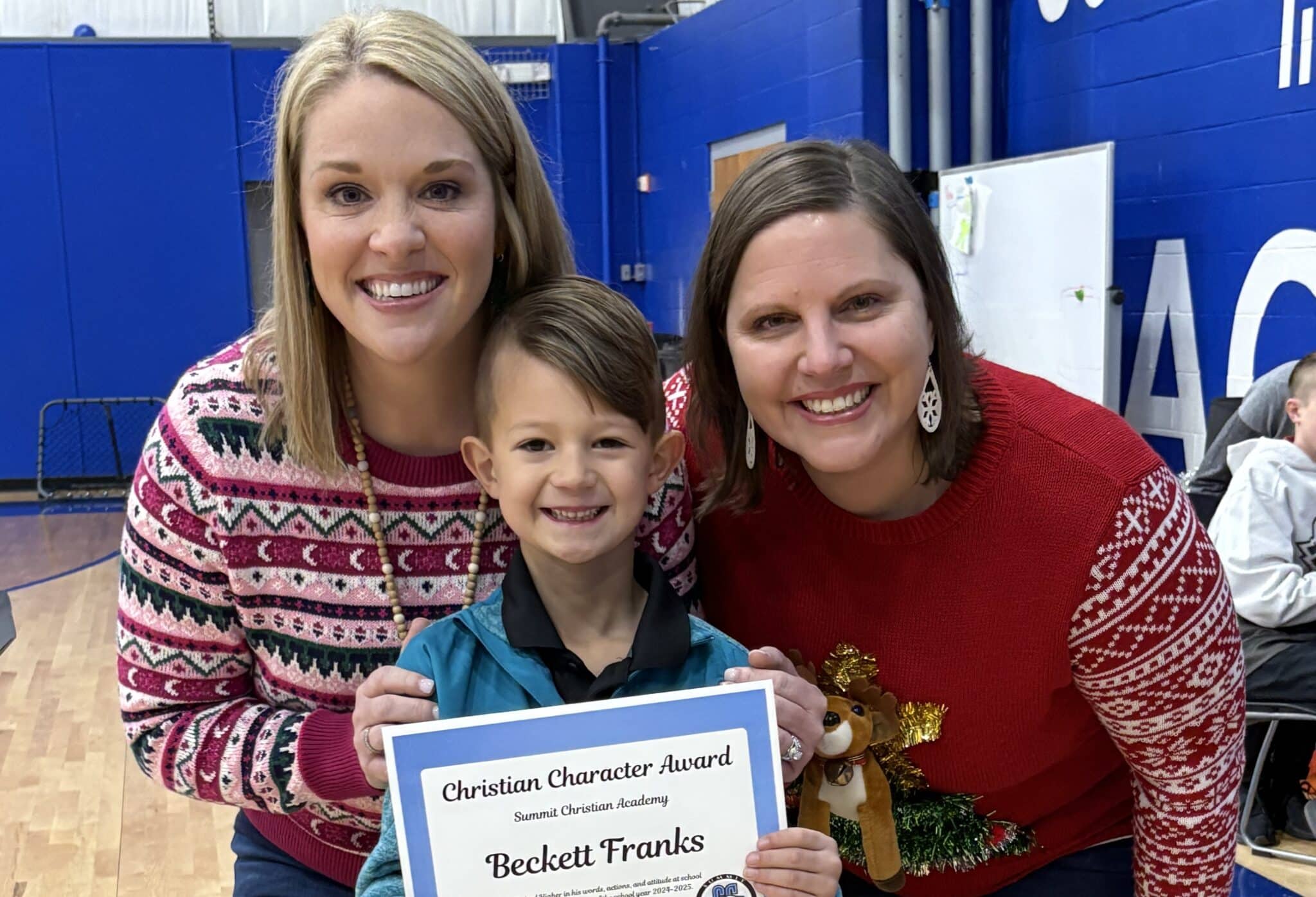 SCA first grade student Beckett Franks, pictured with Elementary Assistant Principal Shauna Borgstadt and Elementary Principal Kelly Montgomery, received the Lower Elementary Christian Character Award for the second quarter.