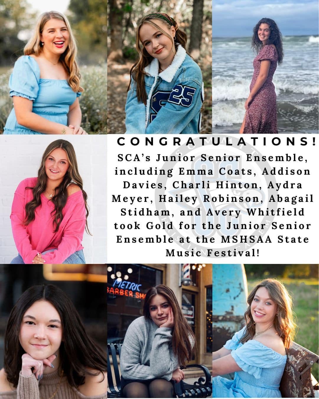 SCA’s Junior Senior Ensemble, including Emma Coats, Addison Davies, Charli Hinton, Aydra Meyer, Hailey Robinson, Abagail Stidham, and Avery Whitfield received a gold rating at the MSHSAA State Music Festival.