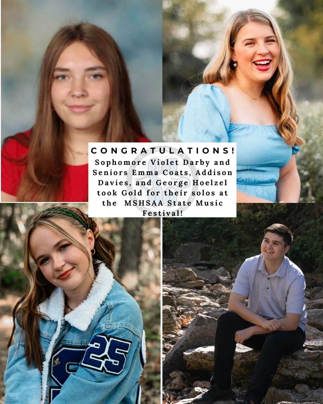 Sophomore Violet Darby and seniors Emma Coats, Addison Davies, and George Hoelzel all received a gold rating for their vocal solos at the MSHSAA State Music Festival.
