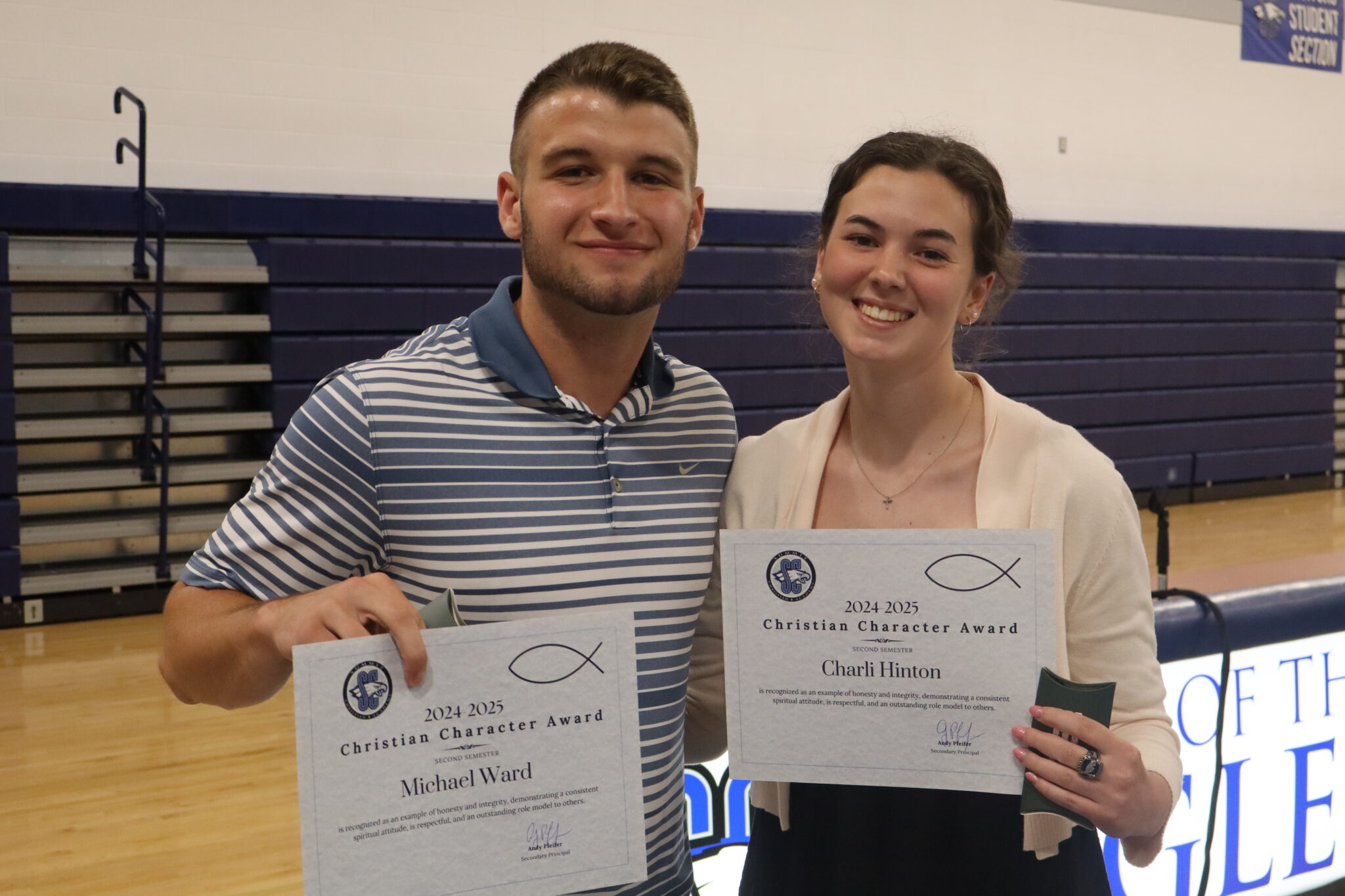SCA senior Charle Hinton and Michael Ward received the SCA High School Christian Character awards for second semester.
