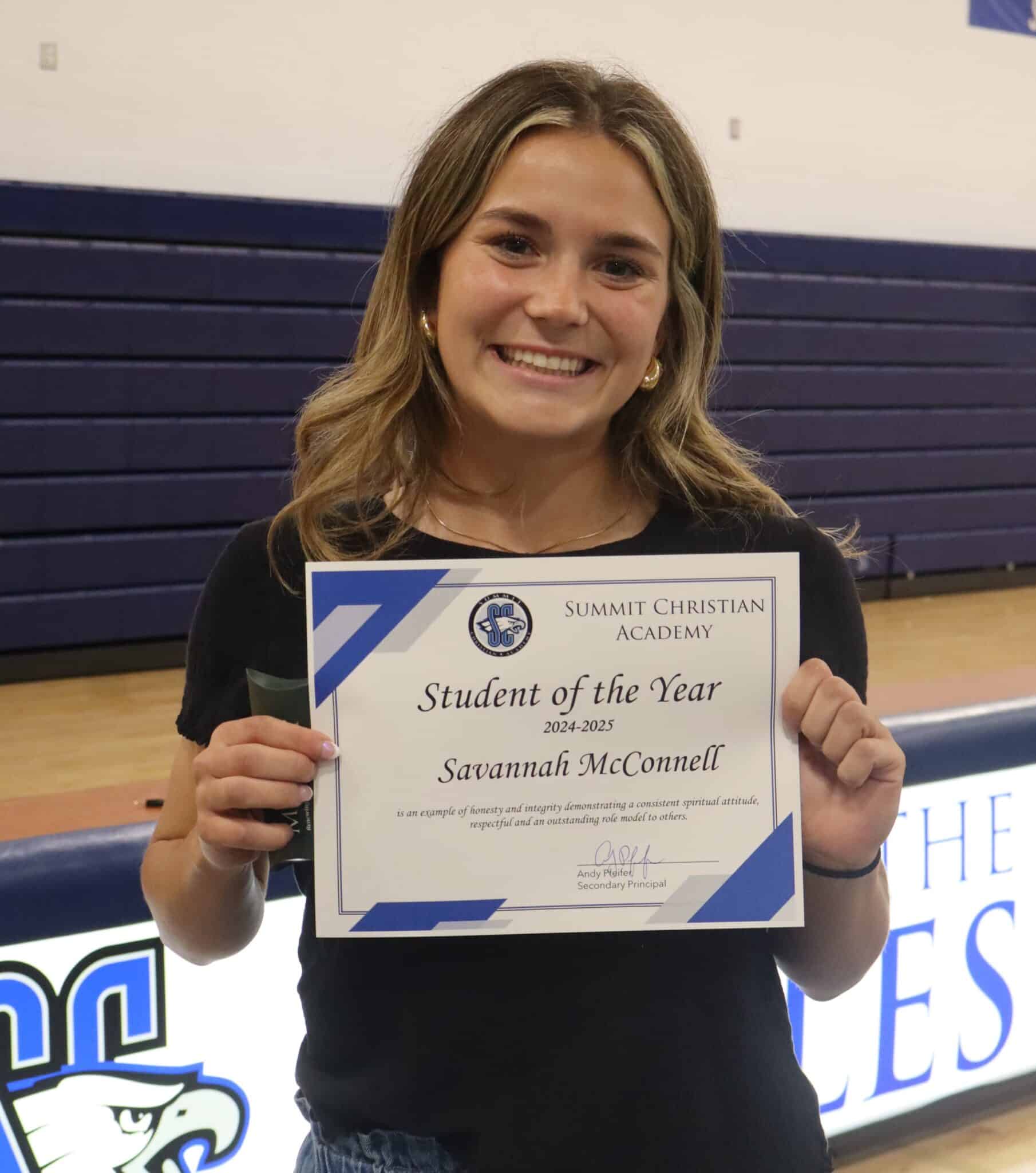 SCA Senior Savannah McConnell was named the SCA 2023-24 Student of the Year. Savannah will study Education and play collegiate soccer at Cedarville University.