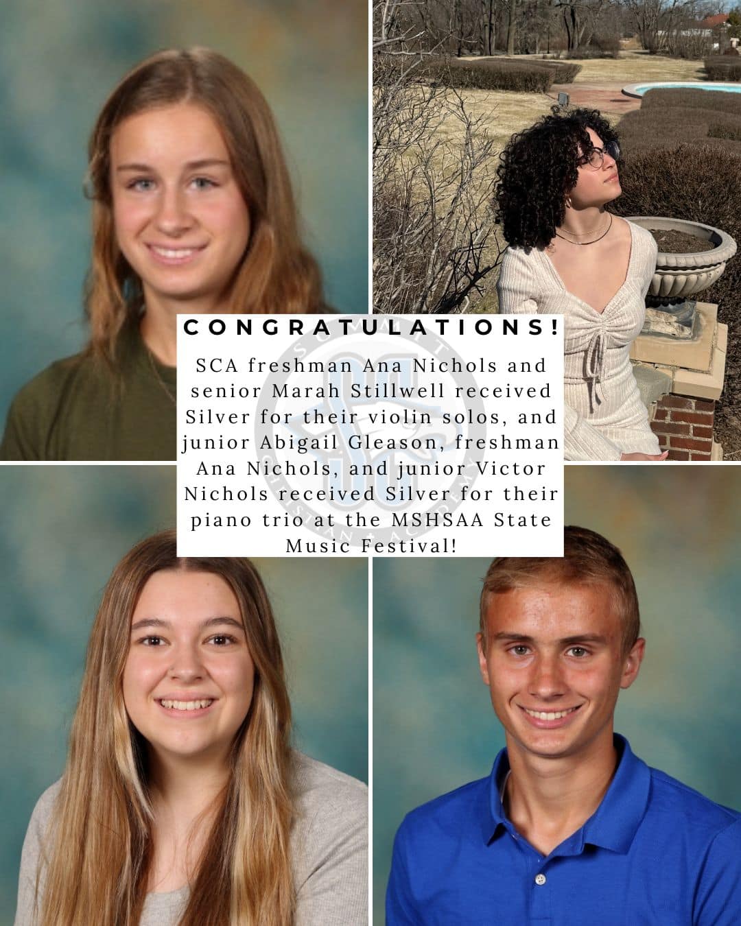 SCA freshman Ana Nichols and senior Marah Stillwell received silver for their violin solos, and Abigail Gleason, Ana Nichols, and Victor Nichols received silver for their piano trio at the MSHSAA State Music Festival.